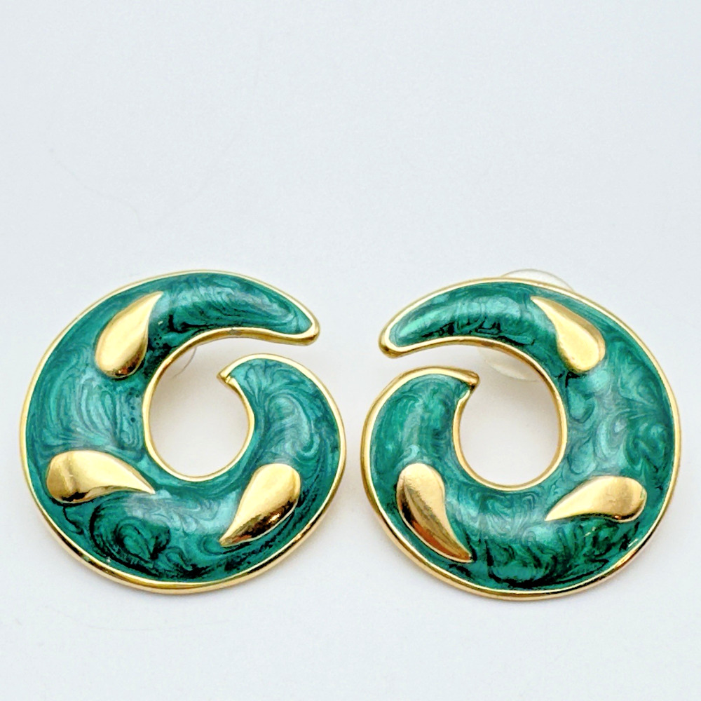 Vintage Green Enamel Swirl Earrings Gold Tone Large Chunky Retro 80s